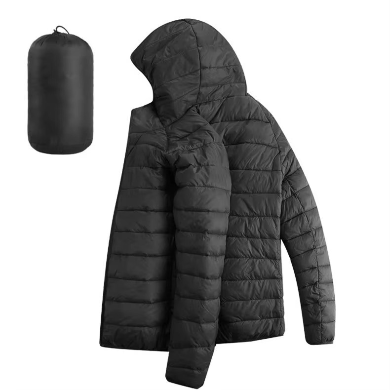 Men's Lightweight Hooded Cotton Down Jacket With Zip Pockets Casual Winter Parka
