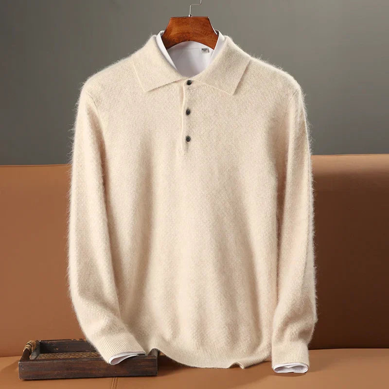 Men's Polo Wool Sweater Relaxed Fit Long Sleeve With Ribbed Edges And Button Closure Cozy