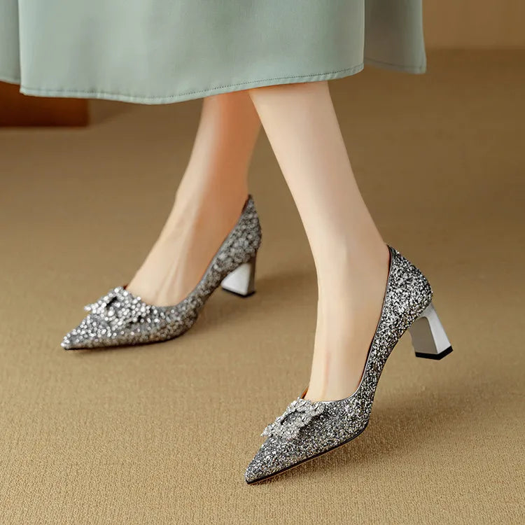 Women's Block Heel Pumps with Pointed Toe and Crystal Detail