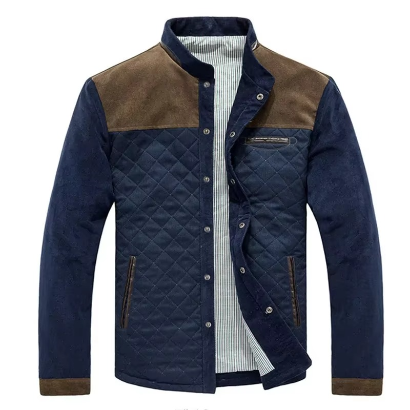 TrendAura Men's Quilted Bomber Jacket With Navy Denim Sleeves Lightweight Windbreaker For Spring And Autumn