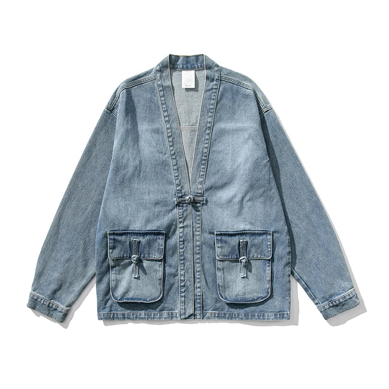 Shinjuku Ronin Denim Kimono Jacket For Men With Wide Sleeves And Large Front Pockets TrendAura