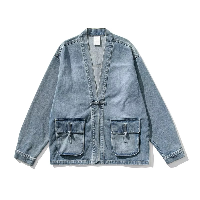 TrendAura Mens Vintage Denim Kimono Jacket With Front Pockets Streetwear Ready For Modern Casual