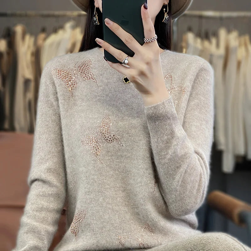 Women's Knit Sweater with Butterfly Design and Soft Texture