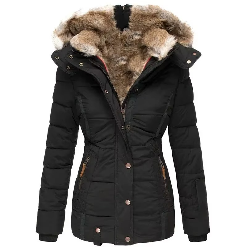 Women's Slim Fit Hooded Cotton Coat with Wool Collar