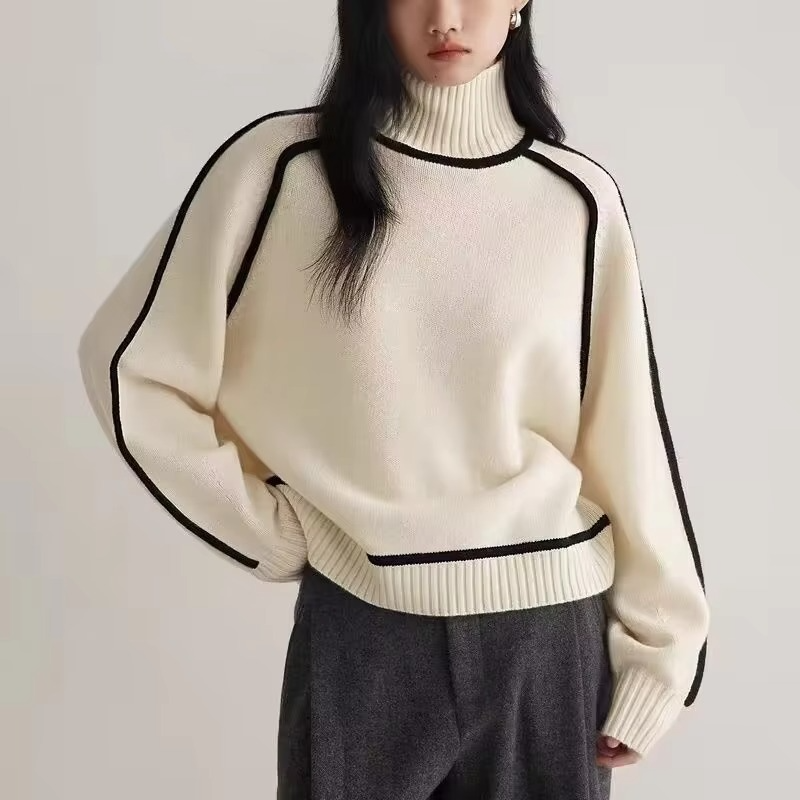 Women’s Striped Turtleneck Knit Sweater – Loose Fit Long Sleeve Pullover