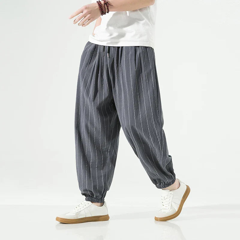 TrendAura Premium Cotton Striped Trousers For Men With Pinstripe Detailing And Elastic Waistband