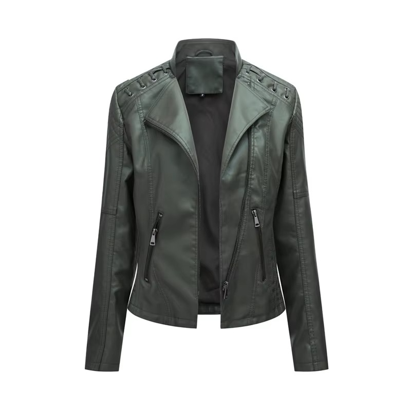 Women's PU Leather Motorcycle Jacket – Short Slim Fit, Zipper-Up, 12 Colors