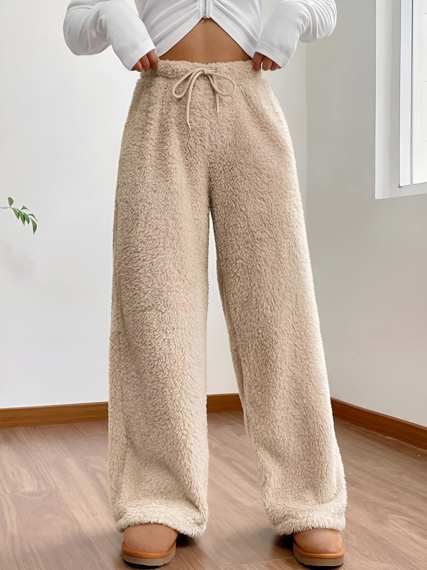 Cozy Womens Sherpa Fleece Pants With High Waist Cinch Wide Leg Comfort Machine Washable
