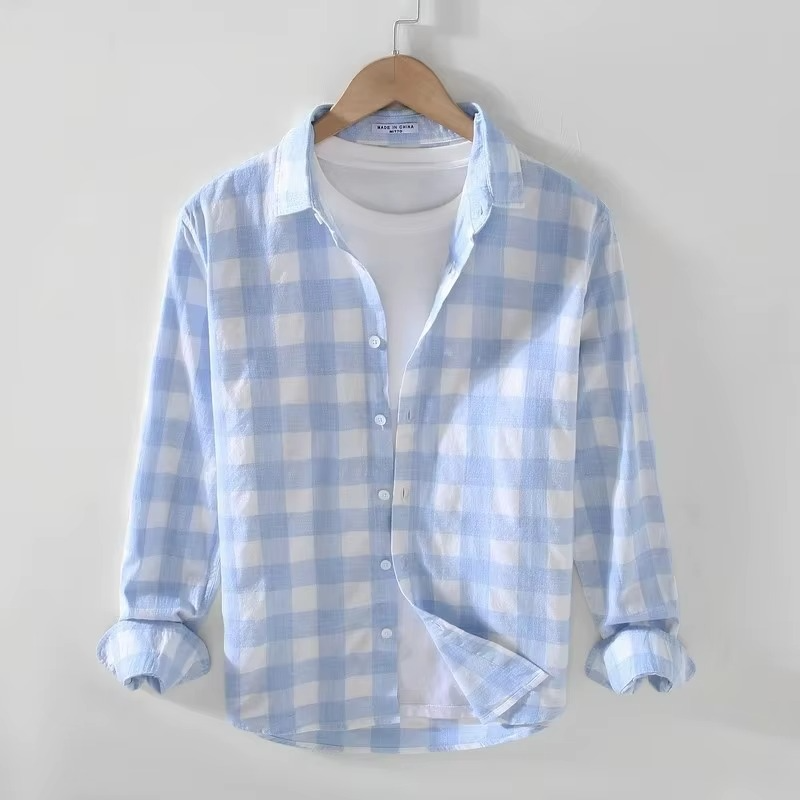 TrendAura 2025 Spring Summer Plaid Long Sleeve Men's Casual Shirt Versatile Everyday Wear