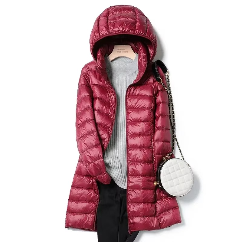 Women’s Lightweight Long Hooded Down Parka – Slim Fit, Warm, and Stylish
