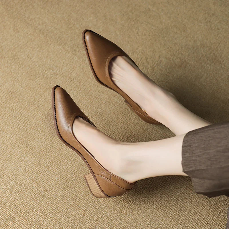 Women's Slip-On Mid Heel Pumps with Pointed Toe and Block Heel