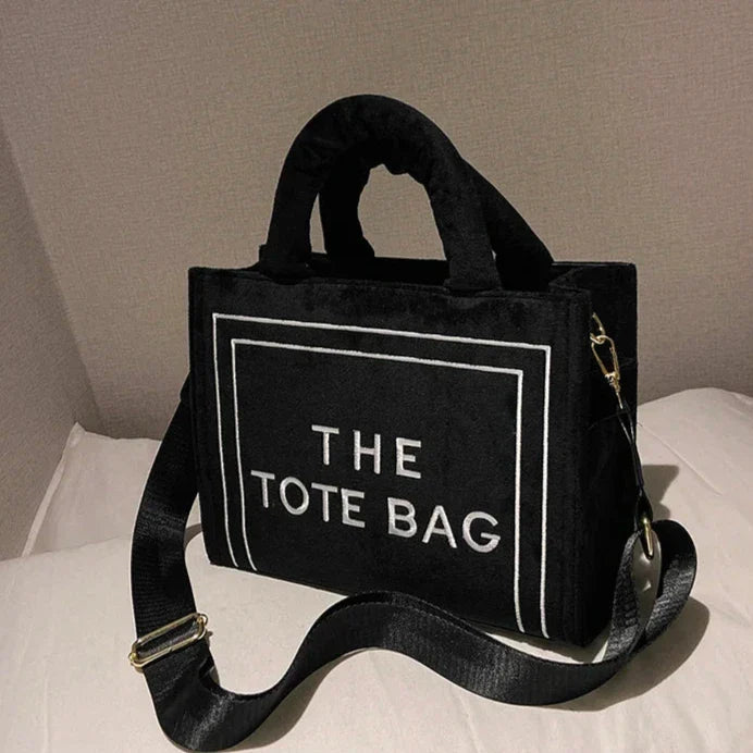 TrendAura Statement Tote Bag - Soft Velour With Original Letter Print, Spacious Interior, Square Tote, Optional Strap