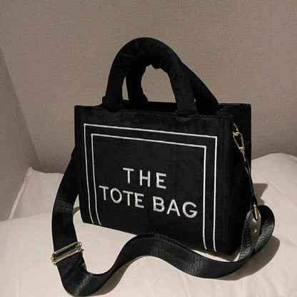 TrendAura Statement Tote Bag - Soft Velour With Original Letter Print, Spacious Interior, Square Tote, Optional Strap