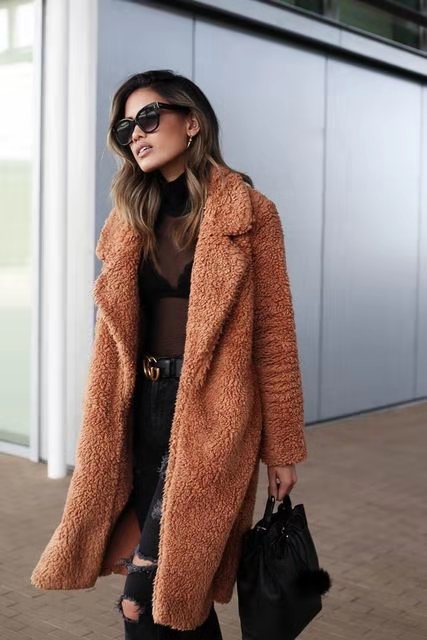 Women's Long Oversized Winter Teddy Coat with Lapel Collar