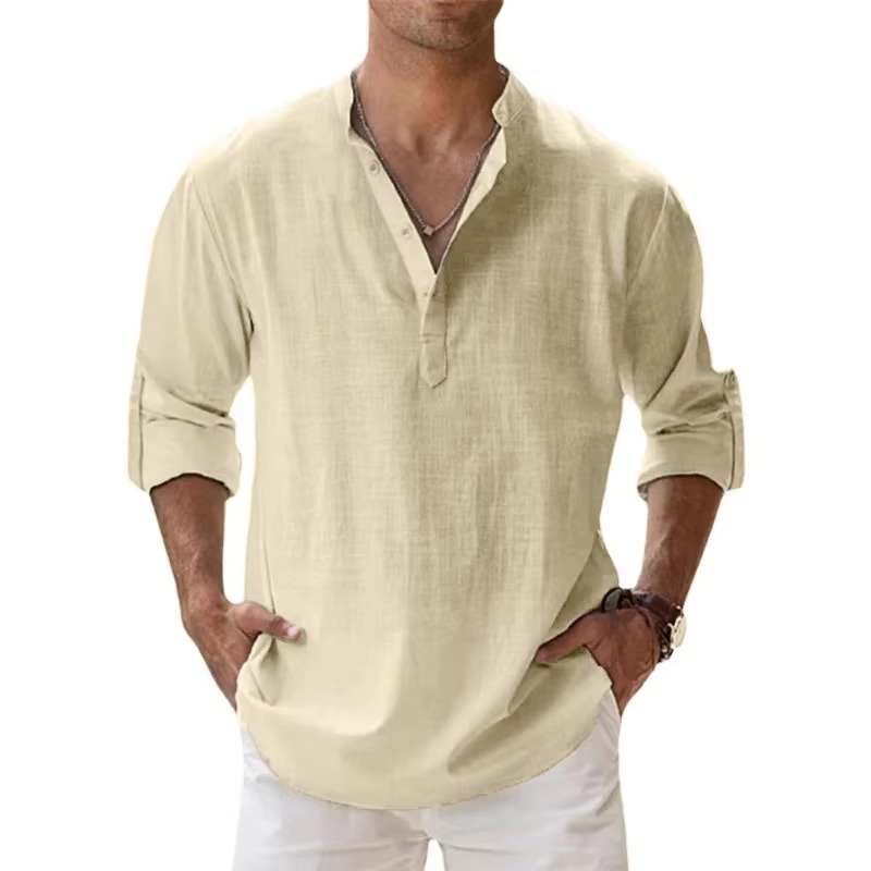 TrendAura Lightweight Cotton Linen Henley Shirt For Men Long Sleeve Beachwear Casual Summer Essential