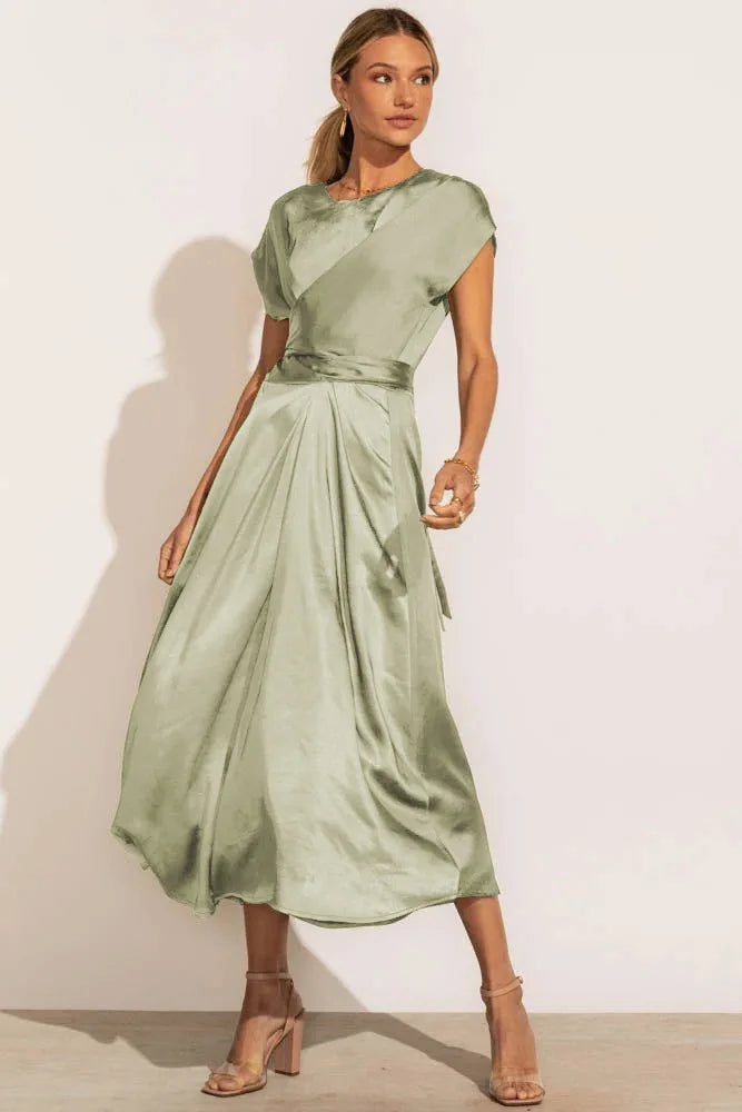 Women's Midi Dress - Satin Look - V-Neck Wrap Design - Elegant A-Line Fit