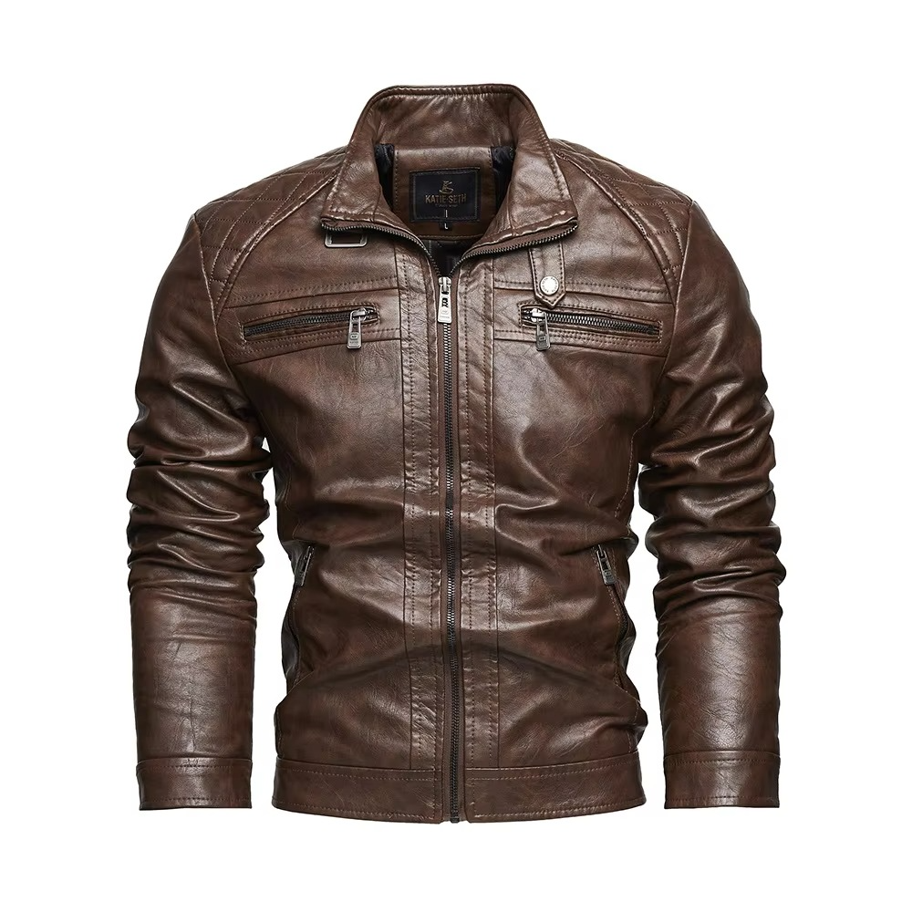 TrendAura Men Vintage PU Leather Moto Jacket Stand Collar Biker Coat For Autumn And Winter