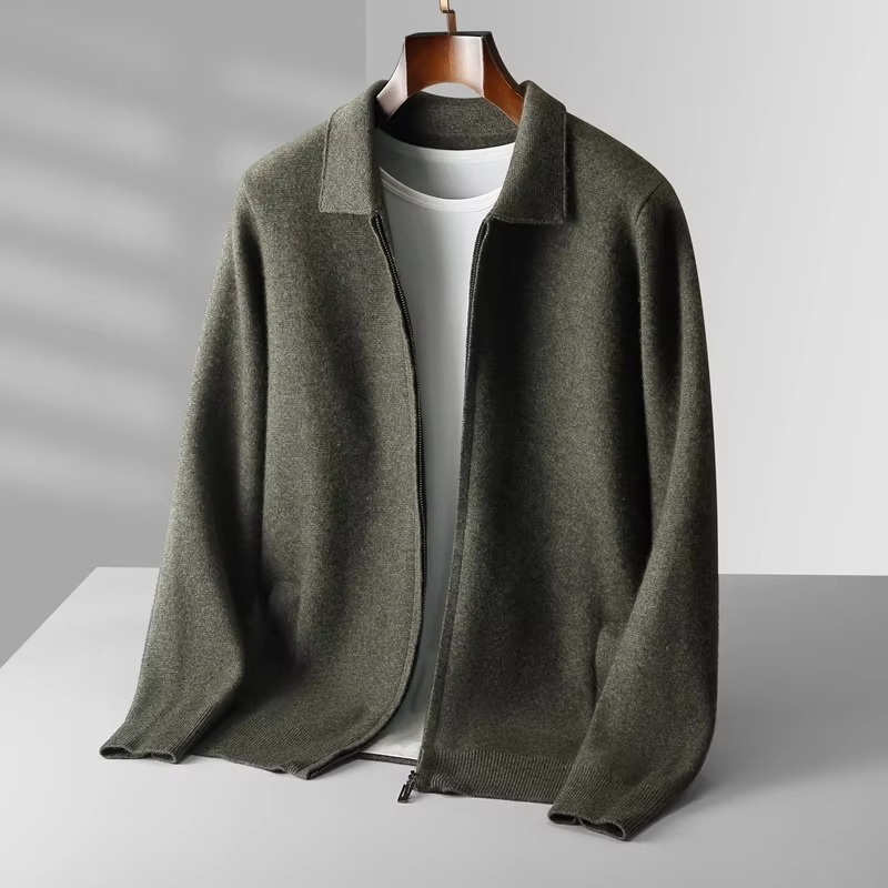 TrendAura Men's 100 Percent Wool Cardigan Sweater With Classic Knit Lapel Design For Timeless Warmth