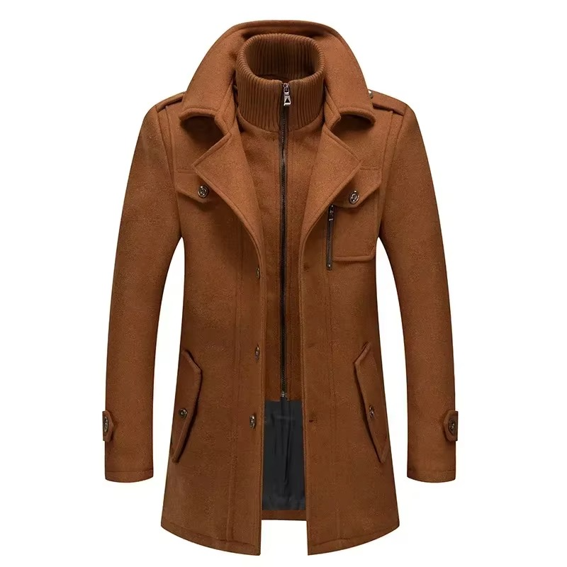 TrendAura Men's Mid Length Wool Trench Coat With Double Collar Zipper Overcoat For Fall And Winter