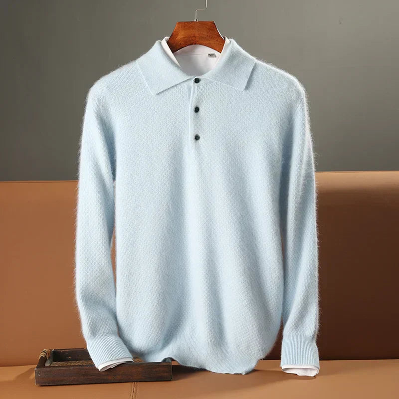 Men's Polo Wool Sweater Relaxed Fit Long Sleeve With Ribbed Edges And Button Closure Cozy