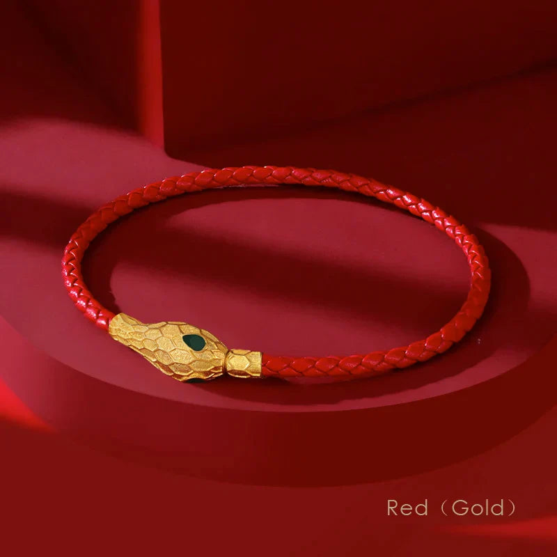 Aspis Viper Handwoven Leather Bracelet with Gold Tinted Serpent Clasp for Men and Women