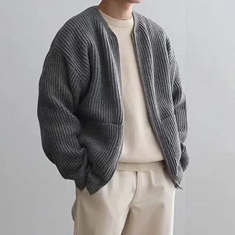 TrendAura Streamlined Knit Coat For Men With Zipper Closure Side Pockets Year Round Versatile Breathable Knit Outerwear