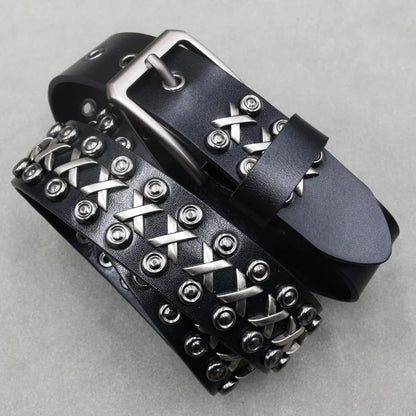 TrendAura Rebel Noir Skull Studded Leather Belt For Men With Adjustable Buckle And Silver Stud Accents