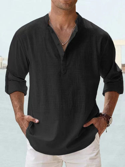 Max Linen Cotton Mao Collar Shirt For Men With Long Sleeves And Front Button Placket Versatile Office And Casual Wear