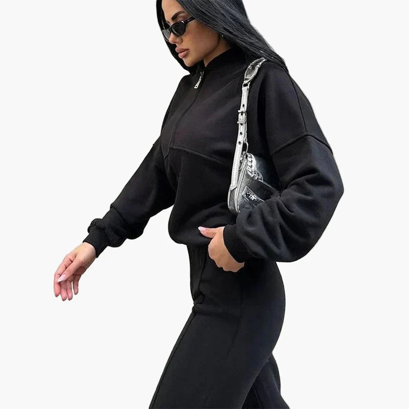 Women's Oversize Casual Suit Two-Piece with Wide Pants and Zipper Jacket – Casual Streetwear Look