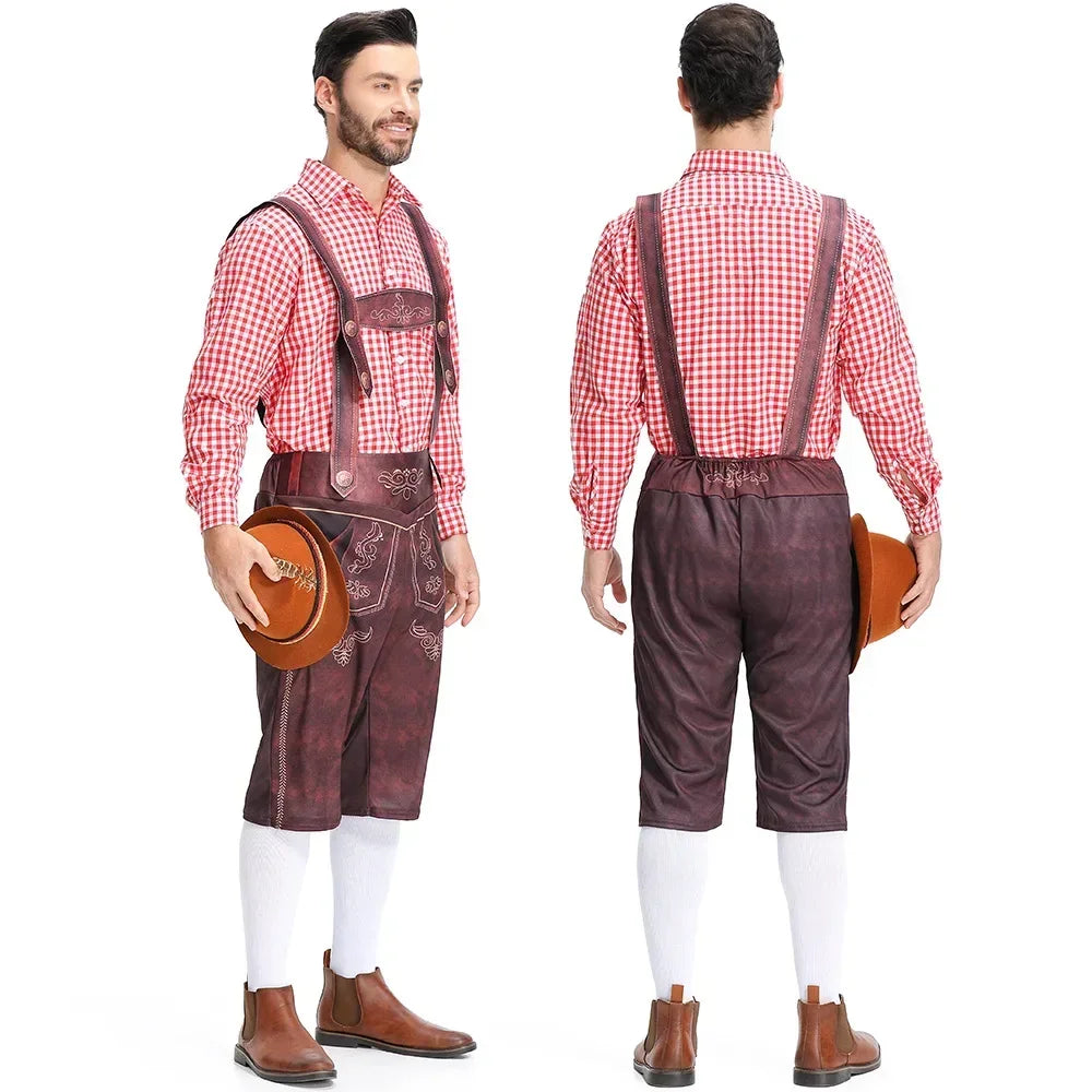 Mens Lederhosen Costume With Tailored Fit Embossed Detailing Embroidered Bib Knee Length
