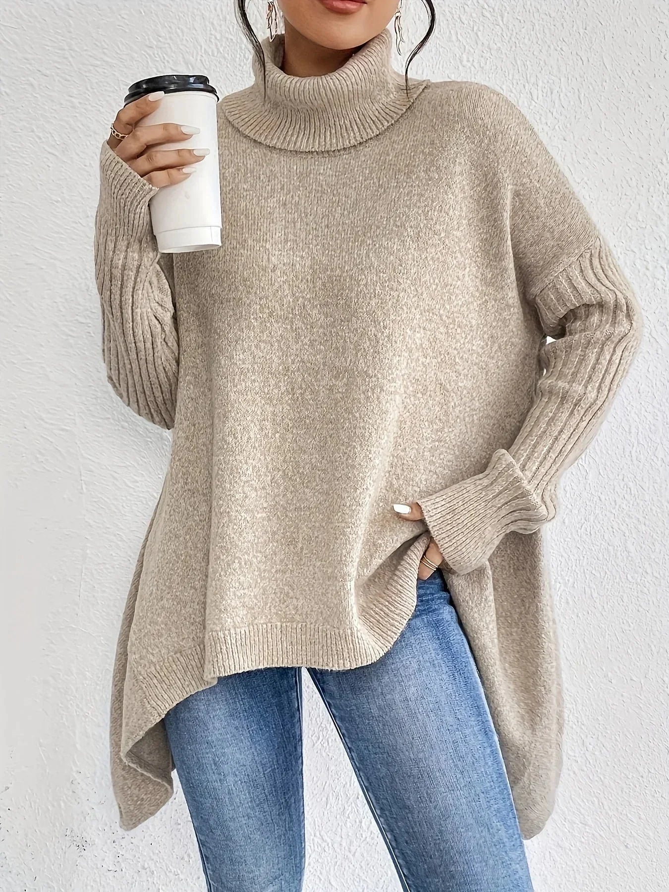 Relaxed Fit Asymmetrical Hem Turtleneck Sweater for Women – Cozy & Stylish Comfort