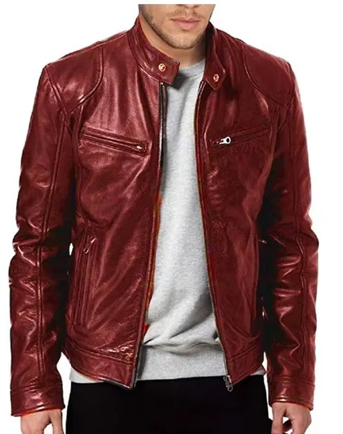 Men's Slim Fit PU Leather Jacket With Stand Collar Wind Resistant Motorcycle Style
