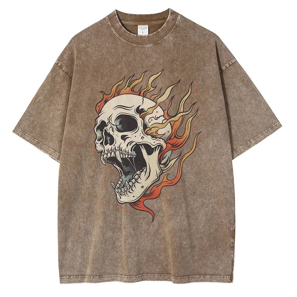 TrendAura Bone Blaze Acid Wash Skull Tee With Flame Graphic Oversized Heavyweight One Hundred Percent Cotton