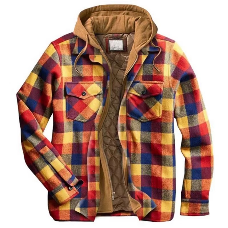 TrendAura Mens Patchwork Checkered Cotton Hooded Jacket Thick Warm Casual Coat American Flag Design Sizes S To 5XL