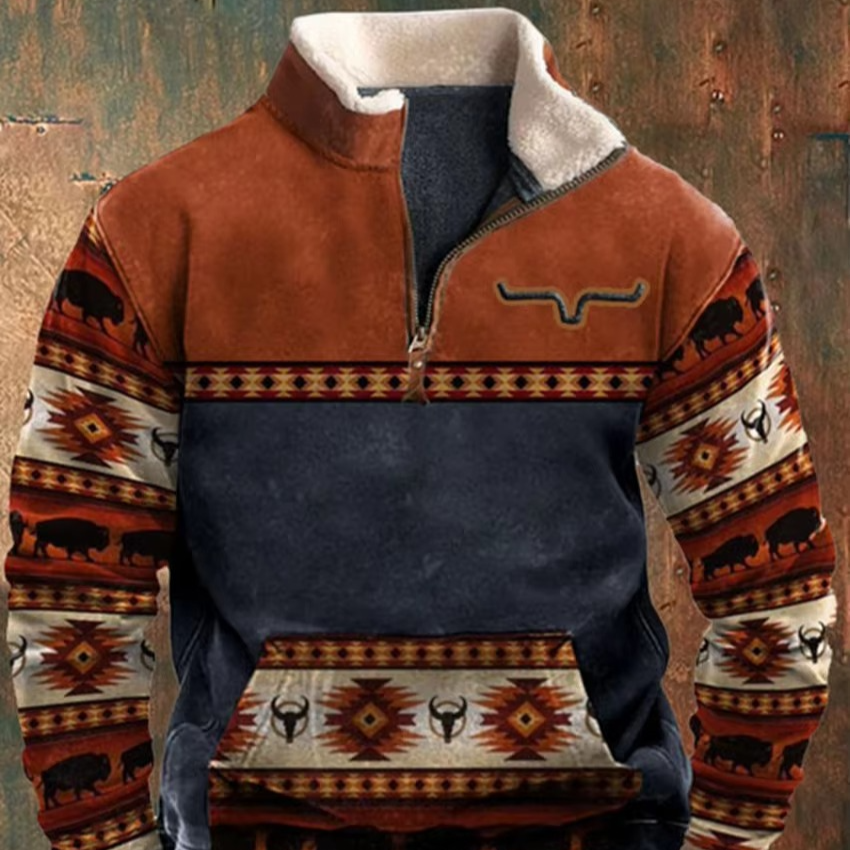 Men's Retro 3D Printed Hooded Jacket With Leather Collar And Zipper Closure For Cold Weather