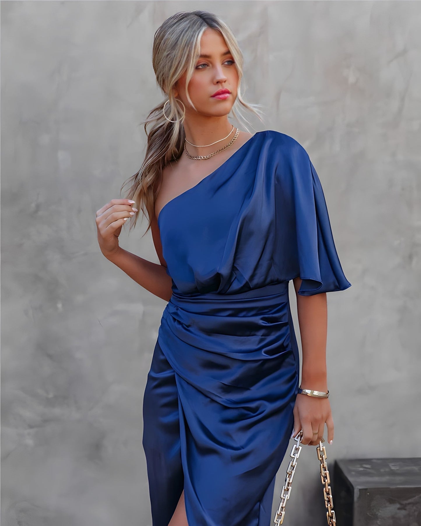 NATASHA One Sleeve Elegant Dress With Diagonal Neckline Silk Pleats For Women Glamorous Evening Wear