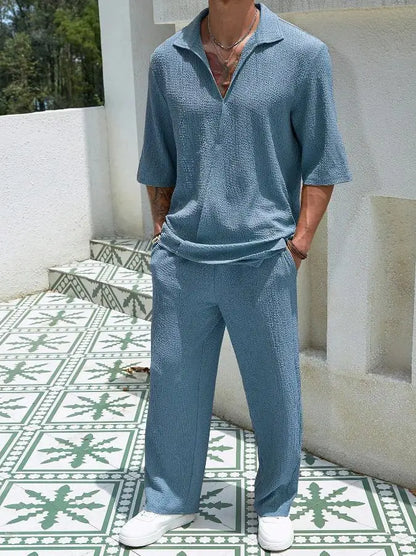 Max Men Two Piece Summer Shirt And Pants Set Breathable Lightweight Loose Fit Casual Style