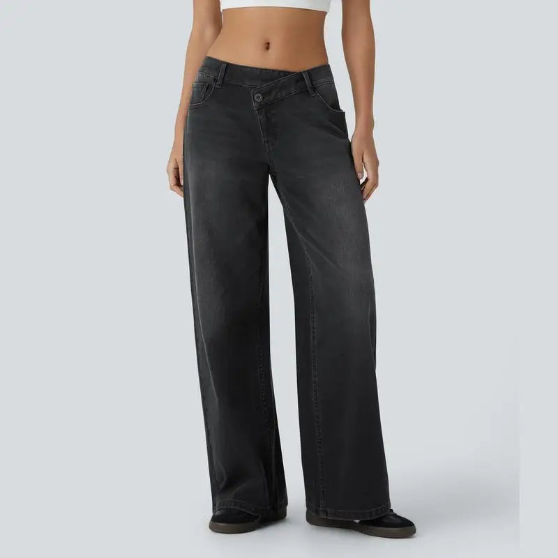 TrendAura Serenity Baggy Wide-Leg Jeans - Relaxed Comfort, Vintage Wash, Low Rise