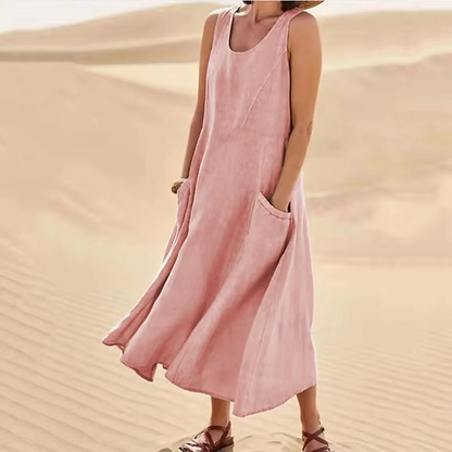 Women’s Cotton Linen Sleeveless Maxi Sundress with Pockets, Loose Fit Beachwear S-5XL