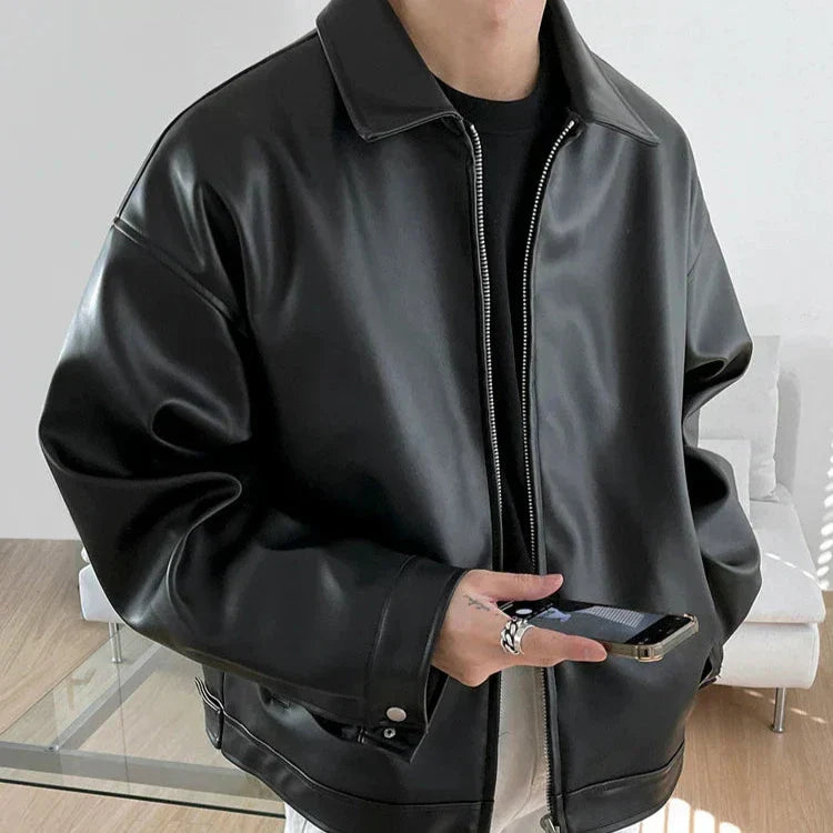 Colton Men's Oversized Leather Bomber Jacket By TrendAura For Bold Minimalist Streetwear Layering