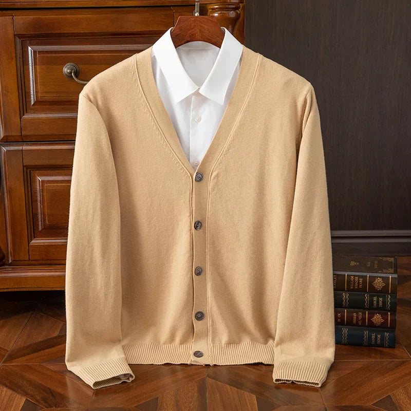 TrendAura William Heritage Grey Cashmere Wool Blend Cardigan For Men With V Neck And Relaxed Fit