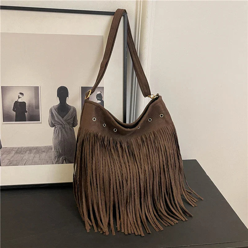 TrendAura Maria Fringe Shoulder Bag - Boho Faux Suede With Eyelet Detailing And Long Fringe