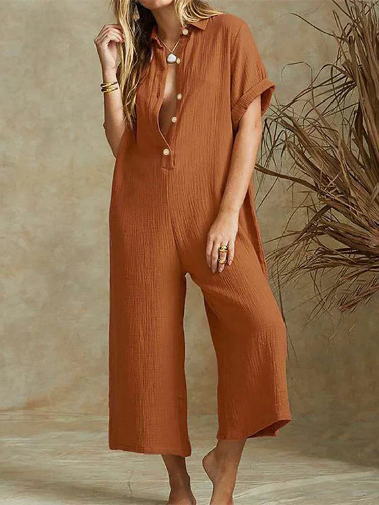 Women’s Jumpsuit – Relaxed Fit – Cotton Blend – Cropped Wide Leg – Short Sleeve Button Front