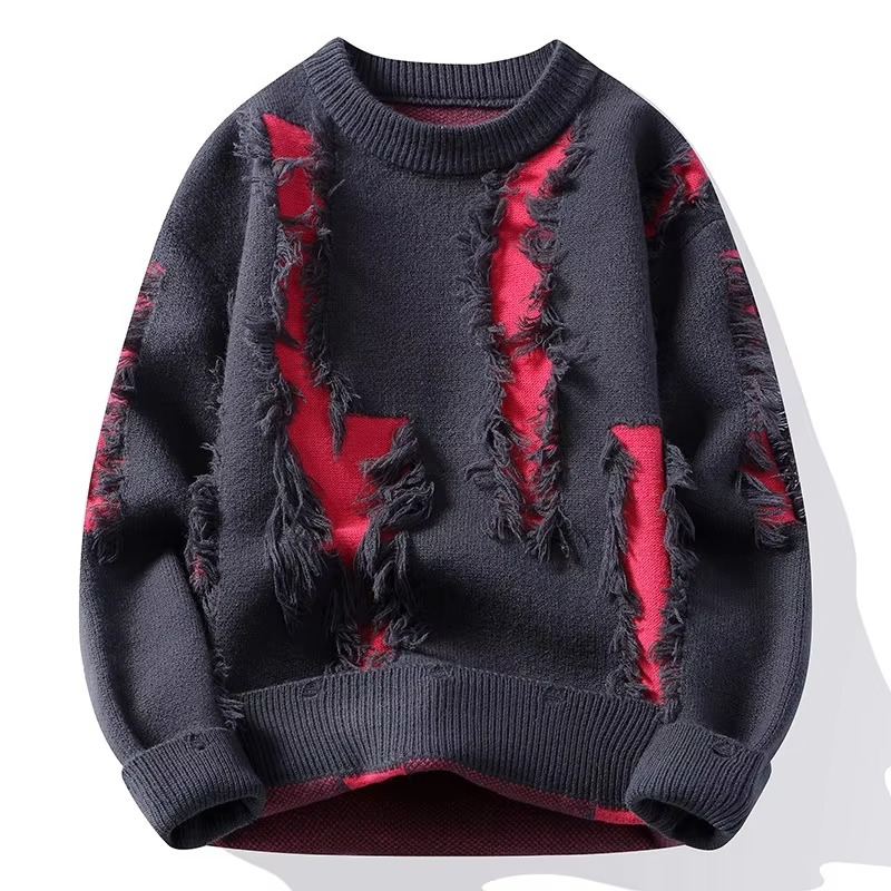 Men's Distressed Ripped Knit Patchwork Sweater Loose Fit Crew Neck Pullover TrendAura