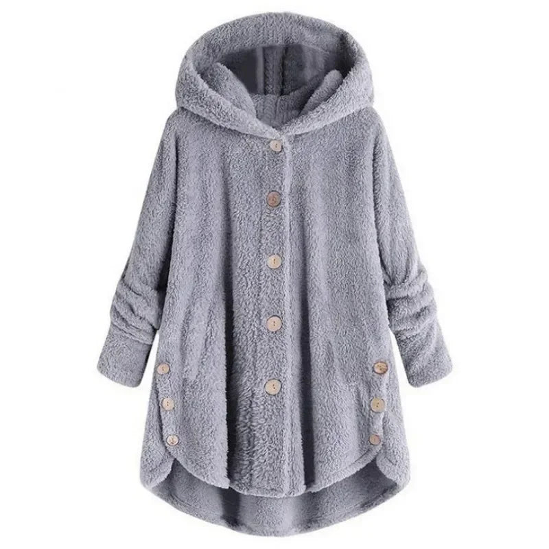 Women’s Fleece Jacket – Relaxed Fit – Hooded – Button Front – Plush Texture – Pockets