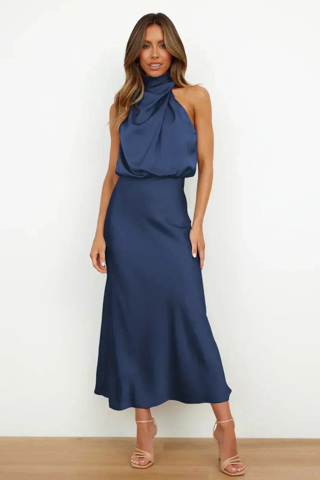 Women's Halter Evening Dress with A-Line Silhouette and Adjustable Neckline