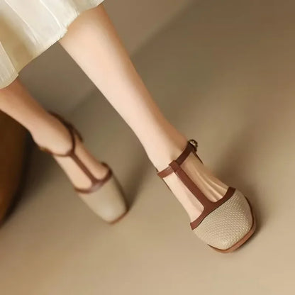 Women's T-Strap Block Heel Shoes with Square Toe and Mid Heel