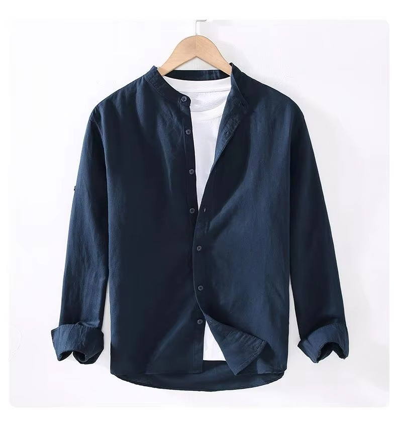 TrendAura Men's Vintage Linen Stand Collar Long Sleeve Shirt Lightweight Breathable Button Up M To 3XL