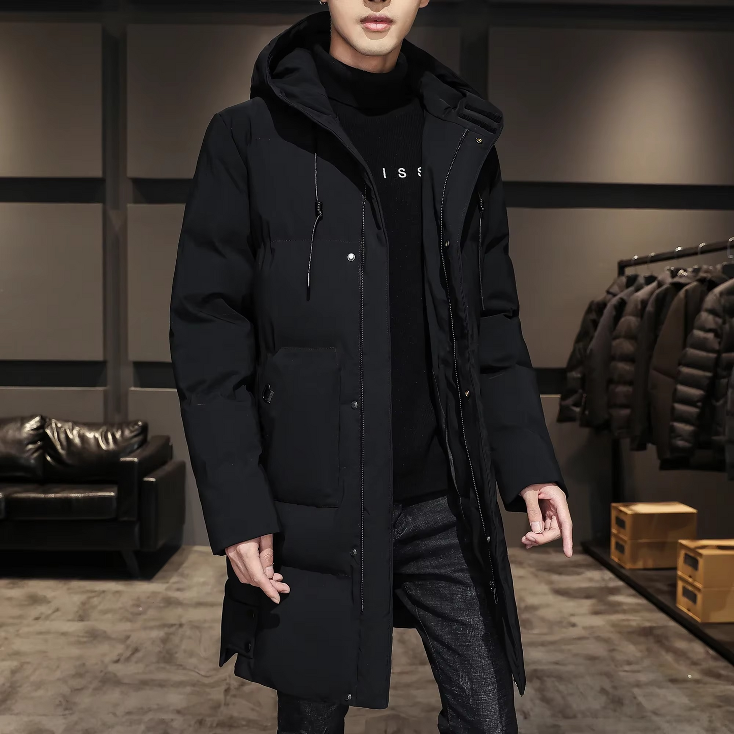 TrendAura Mens Long Cotton Padded Parka Coat Warm Lightweight Solid Color Winter Jacket