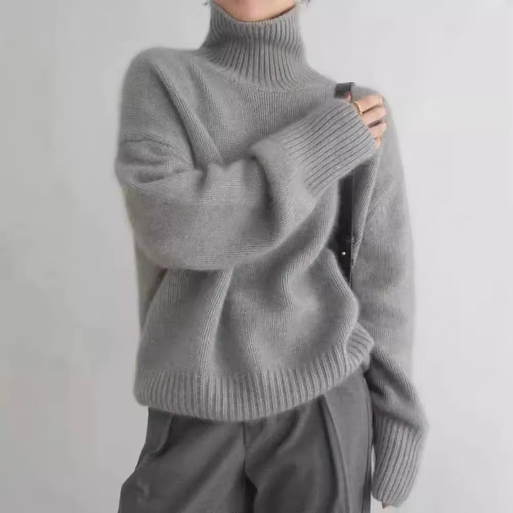 Women's High Neck Autumn Knit Sweater Loose Fit Long Sleeve Pullover